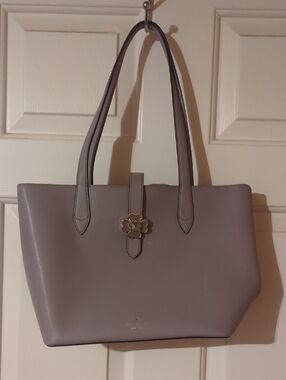 kate spade Taupe Gray Leather Tote with Floral Gold Accent